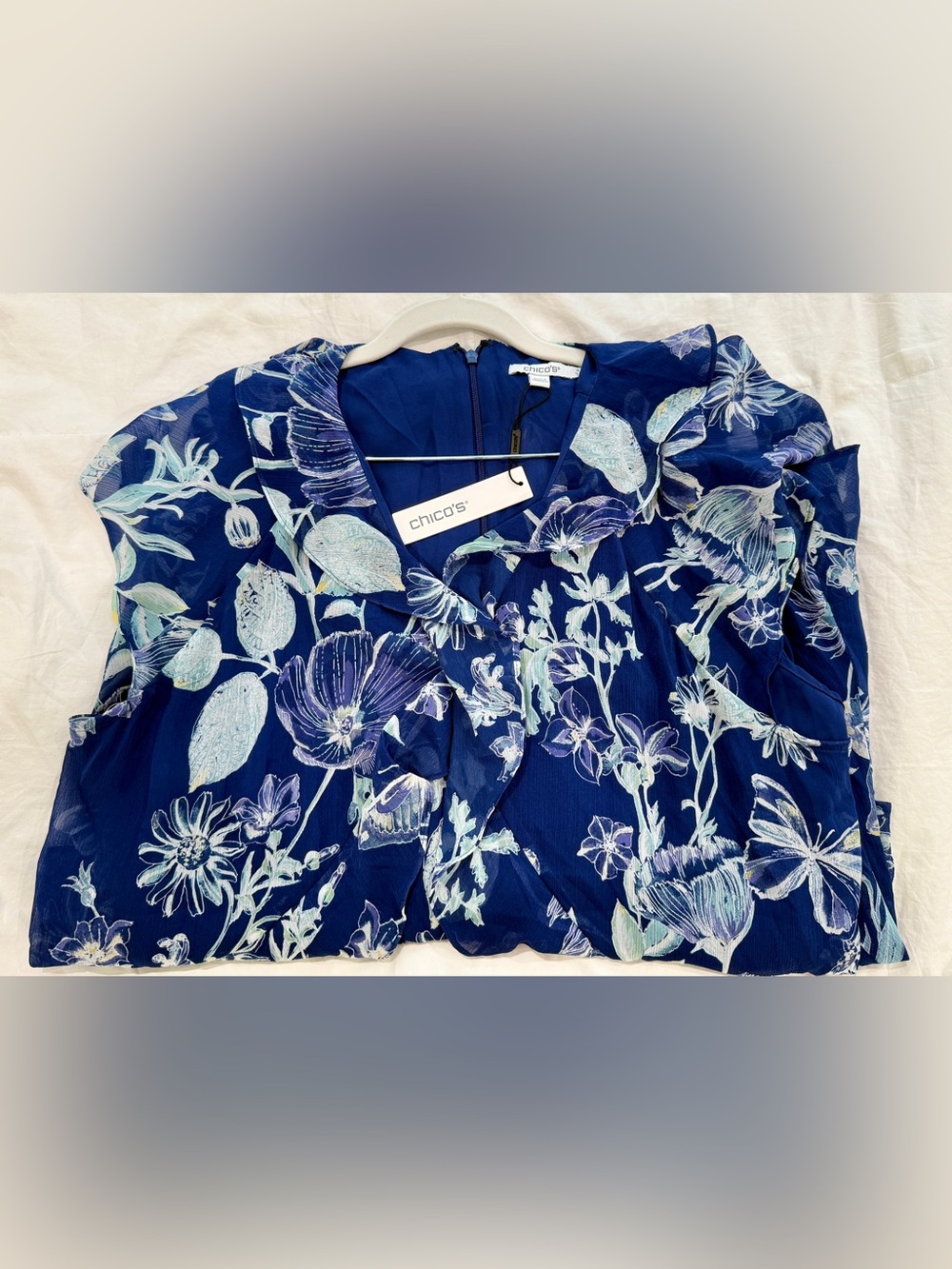 Chico's Navy & Light Blue Floral Ruffle V-Neck Dress